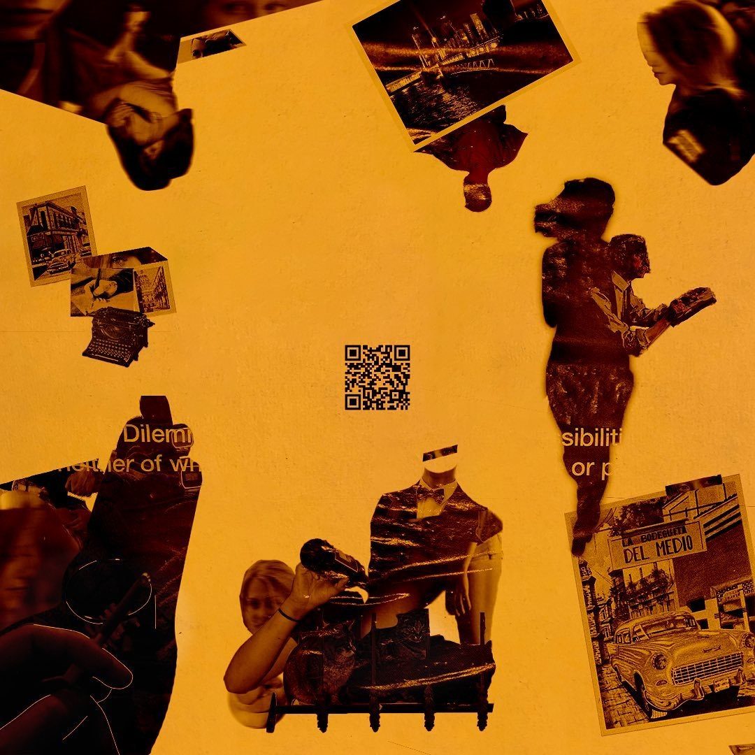 Коллаж в охристых тонах: фигуры людей, старые фото улиц, печатная машинка и QR-код